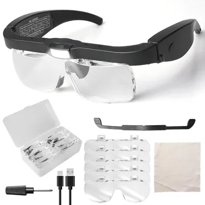 Produktbild von Lupenbrille mit Licht, 150D, 250D, 2.0X, 3.0X, 4.0X Vergrößerungsbrille, Wechselobjektiv LED Lupenbrille Ideal für Hobby, Lesen, Elektriker, Juweliere, Nähen, Reparaturen und Senioren