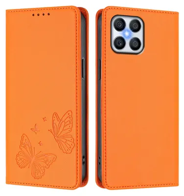 Produktbild von Lederhülle für Honor X8 4G, Schmetterling Prägung Leder Brieftasche Schutzhülle mit Ständer Orange