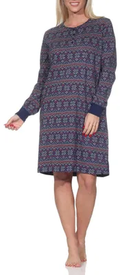 Produktbild von Normann Damen langarm Nachthemd mit Bündchen im Ethnolook – Sleepshirt auch in Übergrößen ; marine , 44