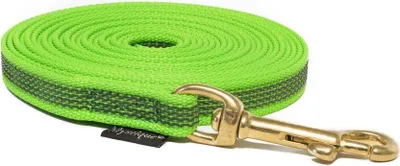 Produktbild von Mystique® Gummierte Schleppleine 15mm mit Handschlaufe Messing Karabiner neon grün 10m