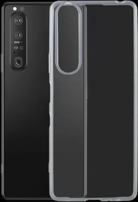 A black Sony Xperia 1 III smartphone is shown next to a transparent phone case.