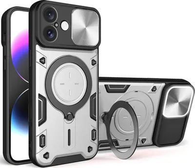 Produktbild von Handyhülle für iPhone 16 Plus Dual-Layer Stoßfest Rüstung Hülle mit Dia Kameraschutz und Kreisförmig Ring Ständer Silber