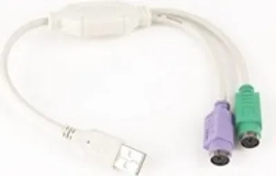 A white USB to PS/2 adapter cable with a USB-A connector on one end and two PS/2 connectors (one purple for keyboard, one green for mouse) on the other.