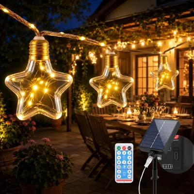 Produktbild von SALCAR 5M Hanfseil Lichterkette Solar Außen 10 Vintage Glühbirnen LED Stern Lichterkette 8 Modi Beleuchtung Lichterkette Garten Balkon Part Deko