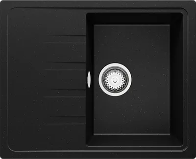 A top-down view of a black granite kitchen sink with a silver drain.