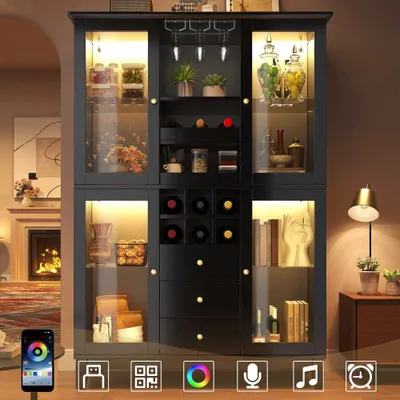 Produktbild von Weinschrank LED Beleuchtung App-Steuerung 180x120x40cm Flaschenhalter Schwarz Weiß