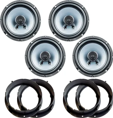 A set of car speakers and mounting rings arranged on a white background.