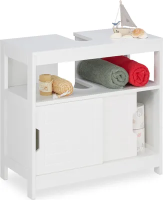 Produktbild von Relaxdays Waschbeckenunterschrank, 2 Fächer, Schiebetüren, Siphon-Ausschnitt, Badunterschrank, HBT: 60,5x60x30cm, weiß
