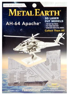 Produktbild von Metal Earth AH-64 Apache, Drehflügler-Modell, Montagesatz, McDonnell Douglas AH-64 Apache, Junge/Mädchen, Metall, Zwischen