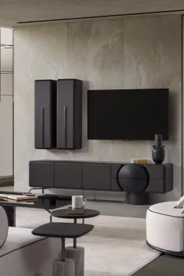 Image de Ensemble de salon noir en bois avec armoire murale et meuble TV bas