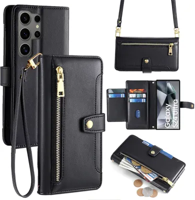 Produktbild von Handykette Samsung Hülle mit Band Handyhülle Kartenfächer Kunstleder Umhängetasche Galaxy S24 Ultra Schwarz