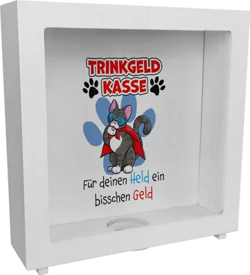 Produktbild von Rahmen Spardose aus Holz für Trinkgeld mit Katze und Spruch: Für deinen Held