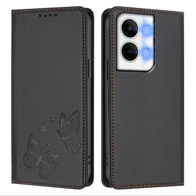 Image de Étui en cuir pour Oppo Reno9 / Reno9 Pro 5G, motif papillon, étui à rabat avec porte-appareil, noir