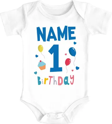 Produktbild von Babybody personalisiert Name erster Geburtstag Zahl 1 Birthday kurzarm Body Baumwolle Moonworks® 1. Geburtstag weiß 6-12 Monate