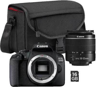 A Canon EOS 2000D camera kit with a lens, camera bag, and memory card, displayed against a white background.