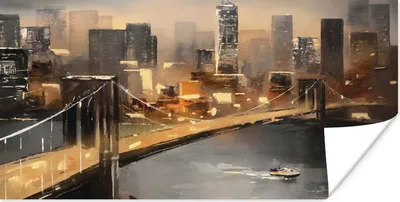Produktbild von MuchoWow® Poster Gemälde - Öl - Skyline - Stadt - Wasser 120x60 cm - Bild