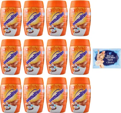 Produktbild von 12er-Pack Ovomaltine Malzhaltiges Getränkepulver Kakaogeschmack 400g + 1er-Pack  Felce Azzurra Talkumpuder, 100g-Beutel