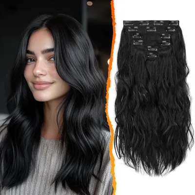 Produktbild von Schwarze 40CM Wellige Clip-In Extensions 6PCs - Dickes Synthetisches Haarteile, Natürliches Schwarz