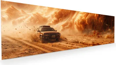 Produktbild von Glasbild 120x40cm in XXL für Wohnzimmer, Schlafzimmer Motiv Sandsturm Jeep Abenteuer