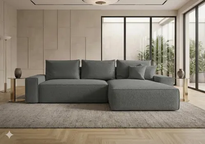 Image de Canapé d’angle CALIFORNIA droit gris foncé bouclé Quelle 92 - fonction couchage, coffre de rangement pour la literie