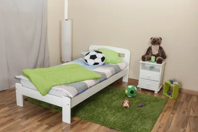 Produktbild von Kinderbett / Jugendbett Kiefer Vollholz massiv weiß lackiert A5, inkl. Lattenrost - Abmessung 90 x 200 cm
