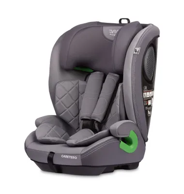 A gray and green child car seat is shown against a white background.