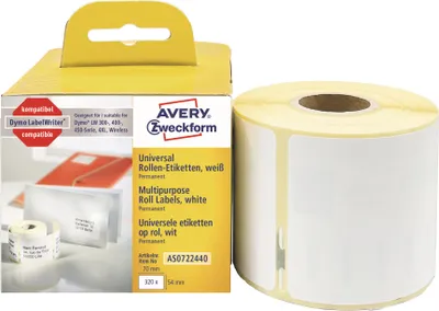 Produktbild von Avery Zweckform AS0722440, Rollen-Etiketten, 54 x 70  mm, 320 Etiketten / 1 Rolle, weiß