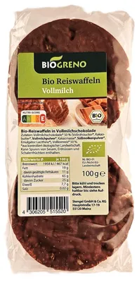 Produktbild von Biogreno Reiswaffel Vollmilchschokolade100g -