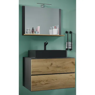 Produktbild von VCM 2-tlg. Waschplatz Waschtisch | schwarzes Waschbecken Unterschrank Breite 80 cm |  Badmöbel Set mit Schubladen | Lendas BL