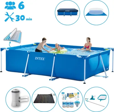 Zdjęcie produktu dla Basen Intex z prostokątną ramą - 300 x 200 x 75 cm - niebieski - zawiera pokrywę - pokrywę gruntową - pompę filtrującą do basenu - matę solarną - pakiet konserwacyjny - zestaw do czyszczenia