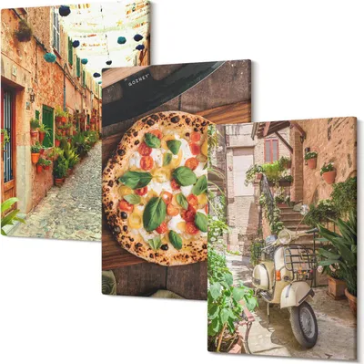 Produktbild von Leinwandbild – Wandbild – Leinwandbilder – Kunstdruck – Polycanvas – Modern – Mehrteilig – 3-Teilig Set – Hochwertig – Geruchslos – Lichtecht – Fertig Aufgespannt – 20x30 Cm Je Teil - Charmante Straßen mit Pflanzen und italienischer Pizza