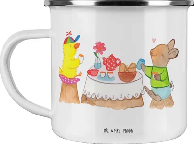 Produktbild von Mr. & Mrs. Panda emaillebecher Ostern Frühstück - Weiß - Geschenk, Teetasse, Ostergrüße, becher emaille, Tasse, Hase, Pott, Teebecher, Osterhase, Haferl, Frühling