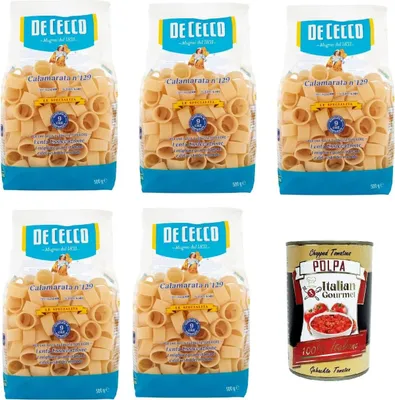 Produktbild von De Cecco Le Specialità Calamarata N°129, 100% Italienisch Pasta Nudeln 5x 500g + Italian Gourmet Polpa 400g