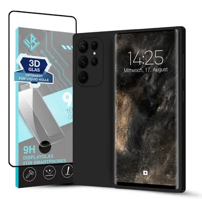 Produktbild von Hülle für Samsung Galaxy S22 Ultra mit 9H Displayglas Displayschutz Case Cover Bumper Smartphone Softgrip Schutzhülle Farbe: Schwarz