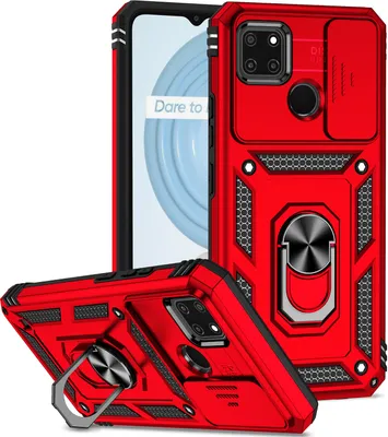 Image de Etui pour OPPO Realme C21Y/C25Y étui double couche avec cache caméra coulissant et anneau de support rouge