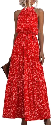 Productafbeelding van Maxi-jurk voor dames met halternek, rugloos ontwerp en stippenprint, geschikt voor zomer en vakantie