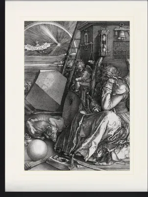 Obrázek produktu pro Albrecht Dürer Rámovaný obraz s elegantním paspartou | Obrazy na zeď | V rámu - Melencolia I, Melancholie, 1514, černobíle (80 x 60 cm)