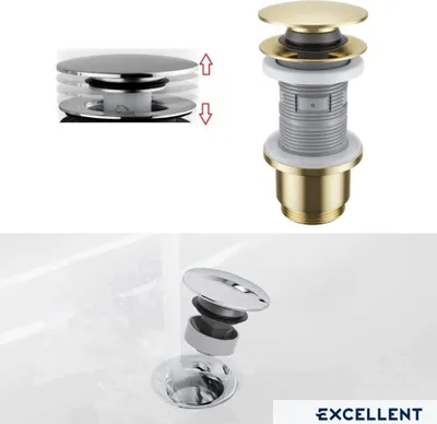 Produktbild von ECOLAM Click Clack Ablaufventil Gold gebürstet für Waschbecken Bidet mit/ohne Überlauf Stöpsel Pop-Up Push-Up Messing 63 mm