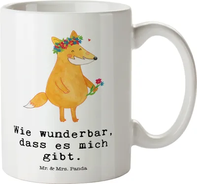 Produktbild von Mr. & Mrs. Panda Haferl Fuchs Blumen - Weiß - Geschenk, Blumenliebe, Riesenkaffeetasse, Pott, Große Teetasse, steingut tasse, Füchse, Keramiktasse, Blumenkranz, Ich, Boho
