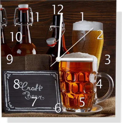 Produktbild von Wallario Design Wanduhr Biervarianten - Pils im Glas  Flaschenbier  Schild Craft Beer aus Aluverbund, Größe 30 x 30 cm