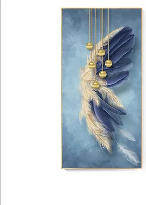 Produktbild von TPFLiving Kunstdruck LW-67 (OHNE RAHMEN) Poster - Leinwand - Wandbild - Hochauflösender Giclée-Druck, langlebig und hochwertig - Nordic Art - Blaue und goldene Federn - Bilder Wohnzimmer -  - Größe: 50x100cm