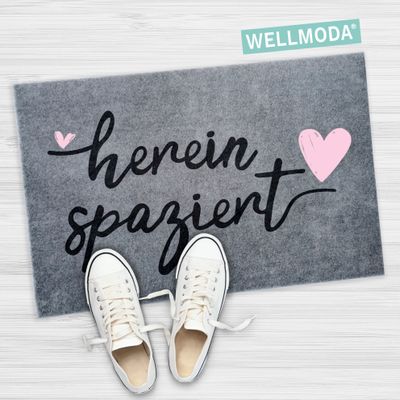 WELLMODA® Fussmatte I Hereinspaziert I waschbar & rutschfest I Fußmatte für aussen & innen I Türmatte & Türdeko, in 40x60 cm & Grau