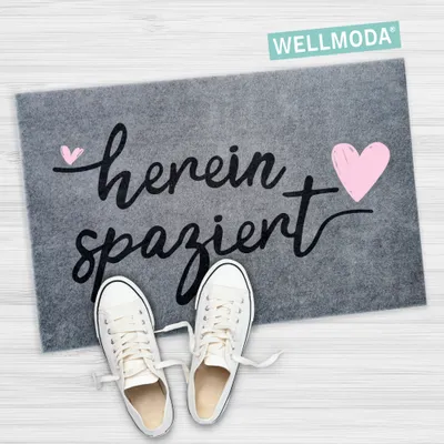 Produktbild von WELLMODA® Fussmatte I Hereinspaziert I waschbar & rutschfest I Fußmatte für aussen & innen I Türmatte & Türdeko, in 40x60 cm & Grau