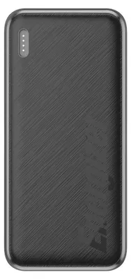 A dark gray power bank with a brushed metal texture.