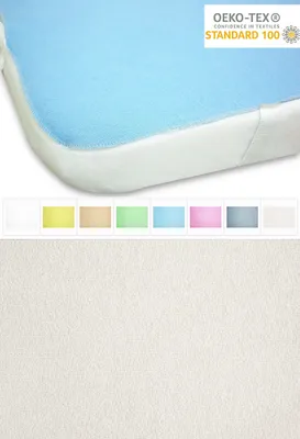 A close-up of a mattress protector with a blue top surface and white sides, shown with a row of color swatches below and a textured cream fabric sample at the bottom.