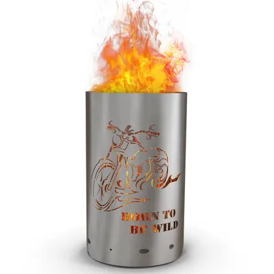A metal fire pit with a motorcycle design and flames coming out of the top.
