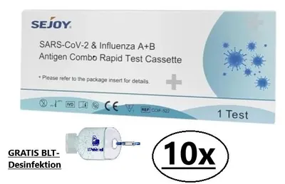 Produktbild von 3 in 1 Sejoy Influenza A+B Antigen Combo Covid & Grippe-Schnelltest Kombi Test Schnellst Laientest Antigen Corona  | CE 2934 | + 30 ml BLT - Desinfekt