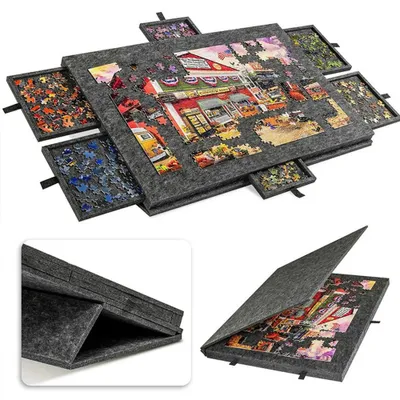 Image de Plateau de puzzle portable en feutre - Table de puzzle - Trépied pliable avec couvercle - 6 tiroirs pouvant contenir jusqu'à 1 000 pièces - Noir