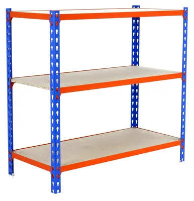 Metallregal 900x900x400 mm, 3 Holzböden, 150 kg, blau/orange