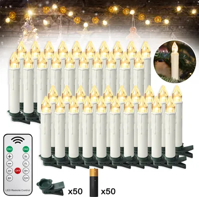 Productafbeelding van XMTECH 50 LED-kerzen voor de kerstboom, draadloos met batterij & timer, afstandsbediening, flikkerend, dimbaar, kerstboomverlichting, warm wit